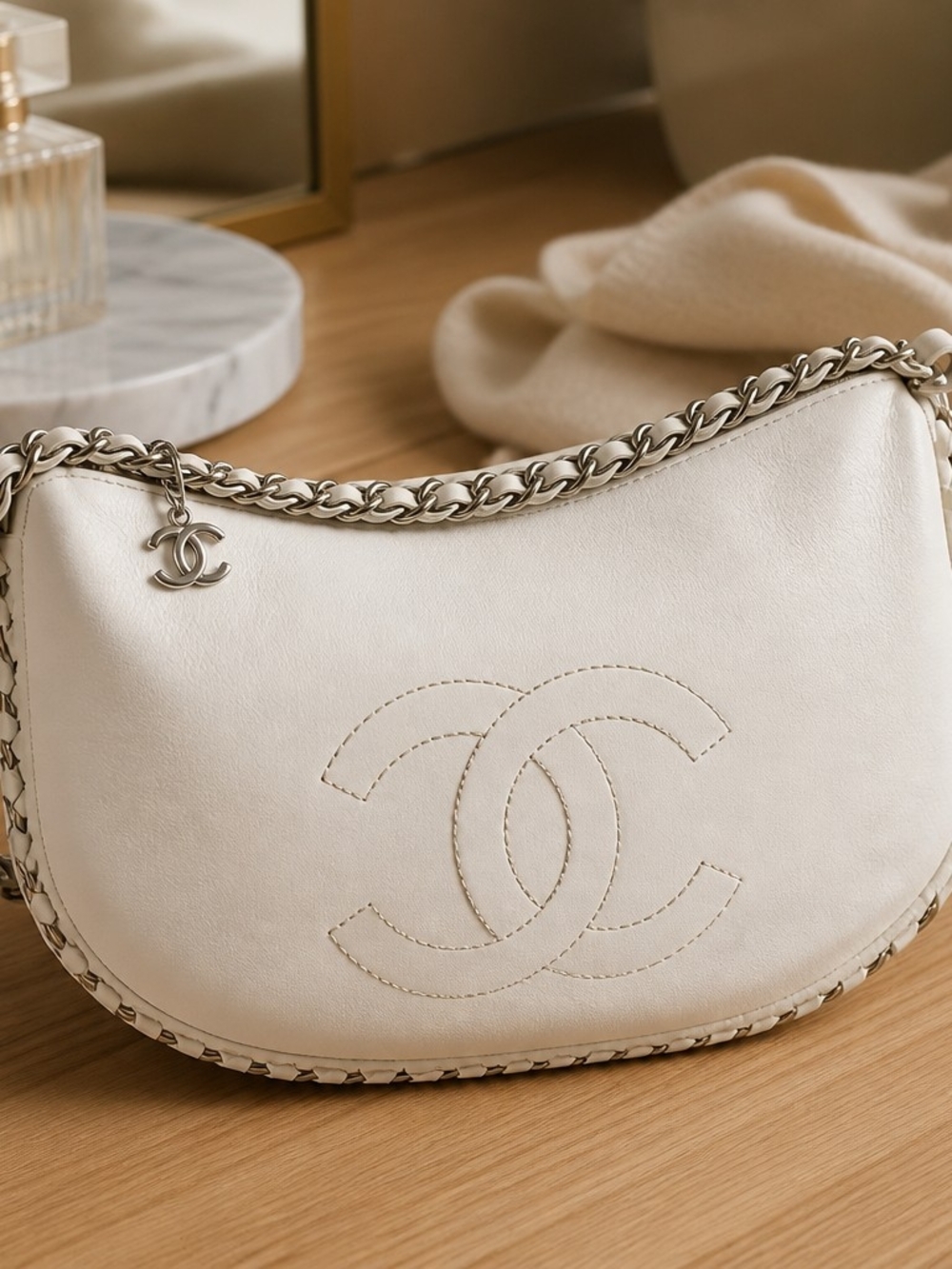 CHANEL Cream Leather Hobo with Silver Chain and CC Stitch